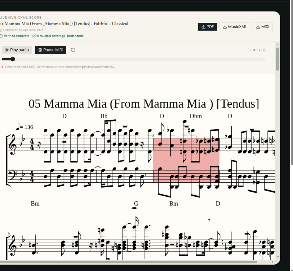 A real MusicToPiano score: a piano arrangement with the current measure highlighted while it plays